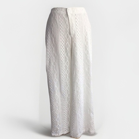 Marled White Diamond /Ladder Lace lined, elasticized waist wide leg pants Medium - Picture 1 of 14